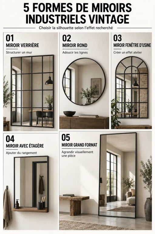 Infographie comparative des formes de miroir industriel vintage et de leurs usages décoratifs