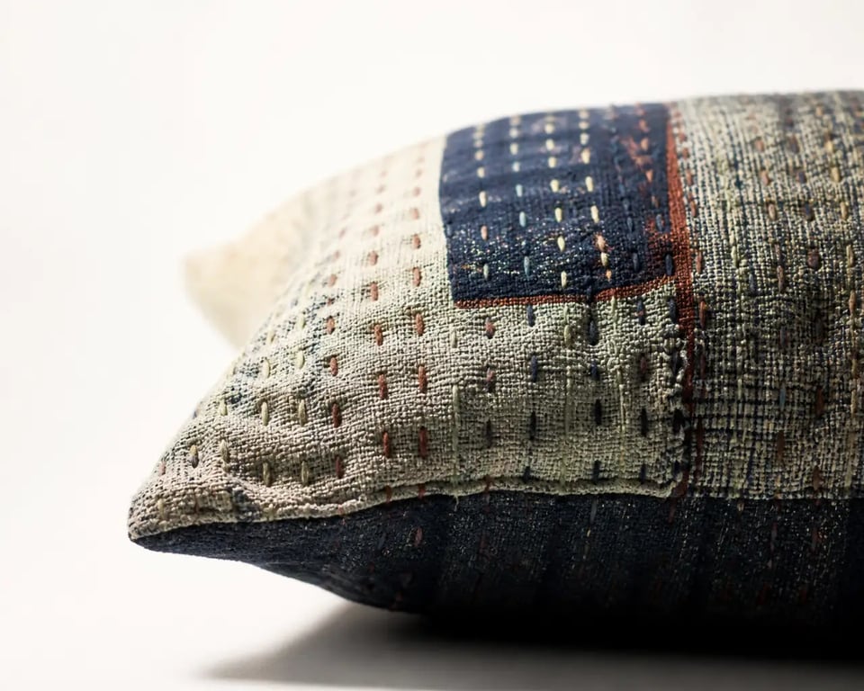 Gros plan d’un coussin boheme artisanal en broderie Kantha et textile recyclé
