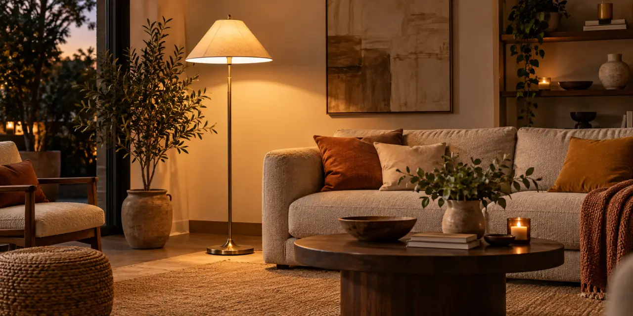 Un lampadaire rétro éclaire le salon tout en structurant la décoration