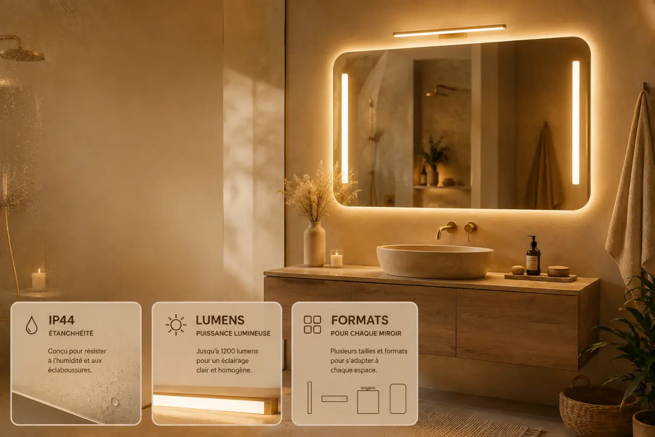 IP44, lumens et formats : choisir le bon éclairage miroir salle de bain selon la taille du miroir