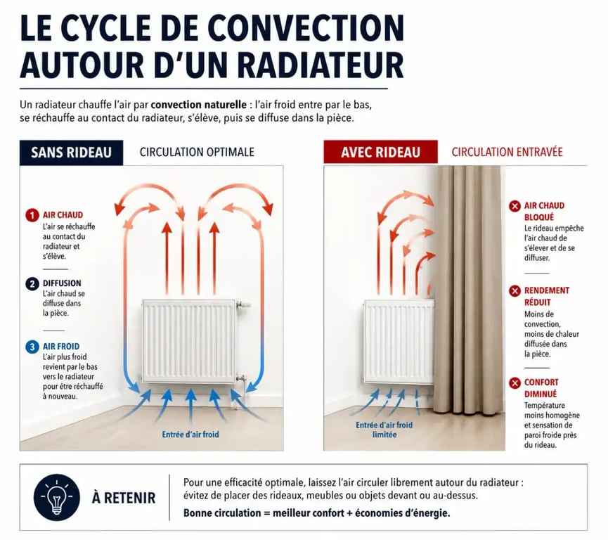 Schéma explicatif de la convection de l'air et de l'impact des rideaux sur le radiateur