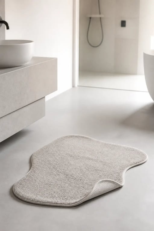 Tapis de bain original dans une salle de bain contemporaine au style éditorial