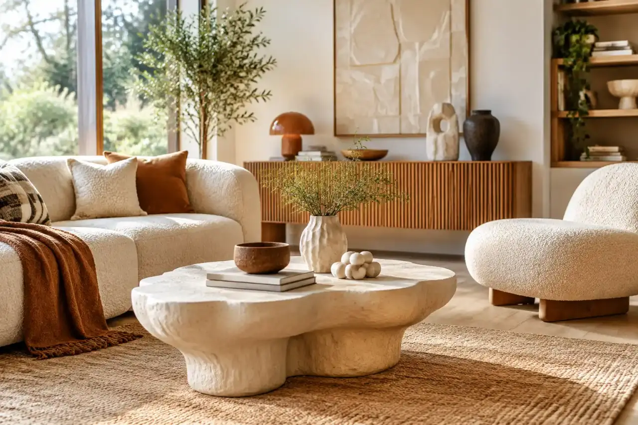 Salon contemporain aux matières tactiles et aux objets décoratifs sculptés