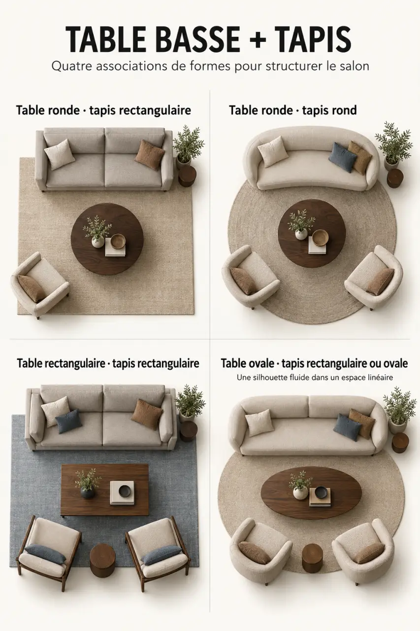 Associations de formes entre table basse et tapis dans un salon