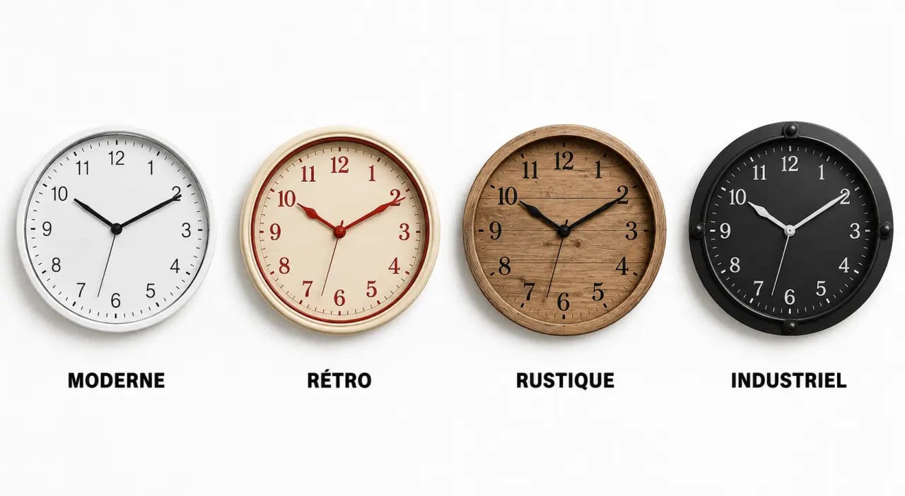 Pendule cuisine : comparatif visuel des styles moderne, rétro, rustique et industriel