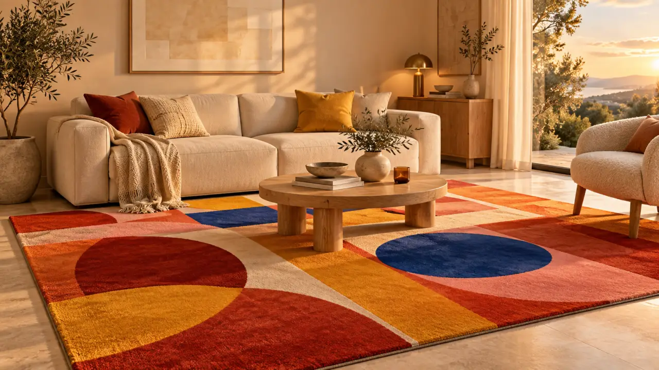 Le tapis pop art dynamise un salon neutre sans surcharger la décoration