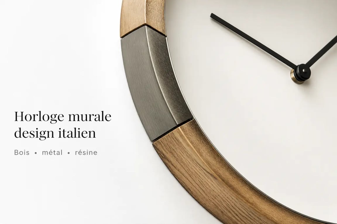 Horloge murale design italien avec gros plan sur les matériaux et les finitions