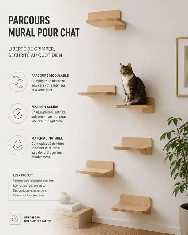 Étagère murale chat en bois formant un parcours vertical avec chat installé en hauteur