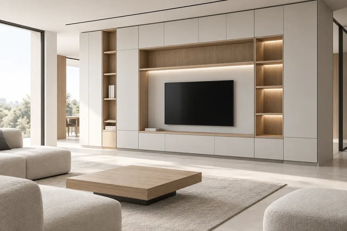 Mur de rangement sur mesure avec meuble TV, niches ouvertes et placards fermés dans un salon