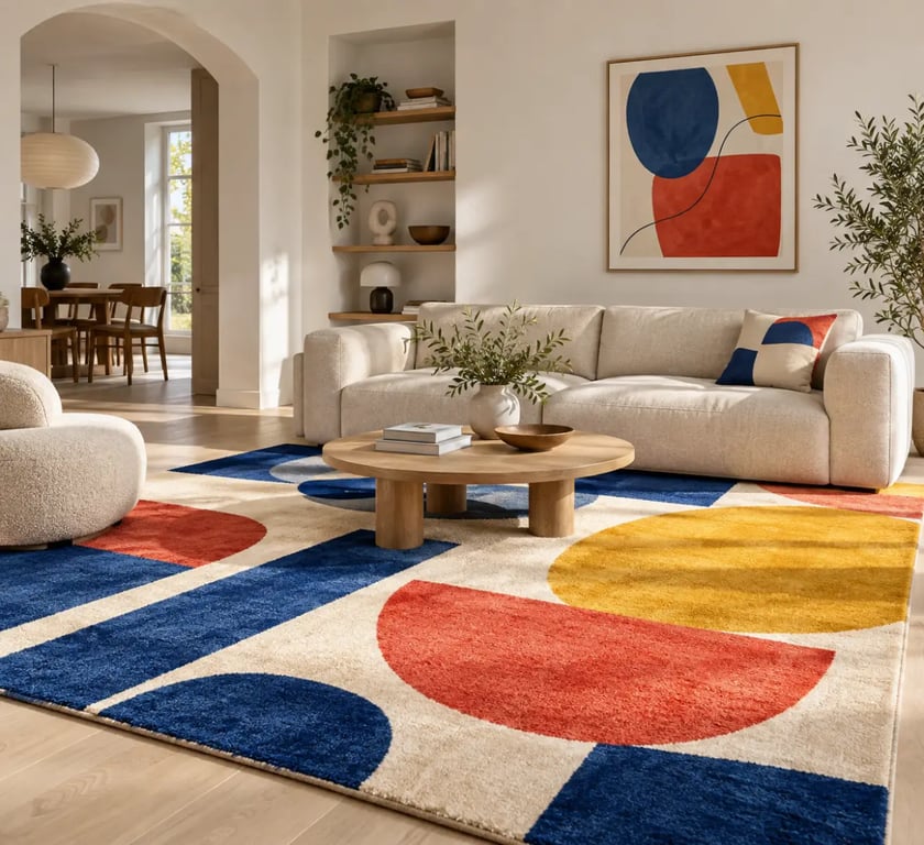 Tapis pop art multicolore dans un salon contemporain avec canapé neutre