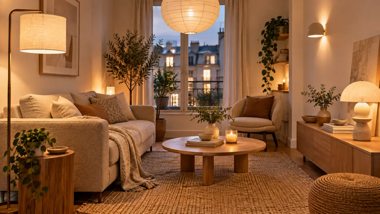 Petit salon sombre éclairé par plusieurs luminaires chaleureux, dans un style contemporain et naturel