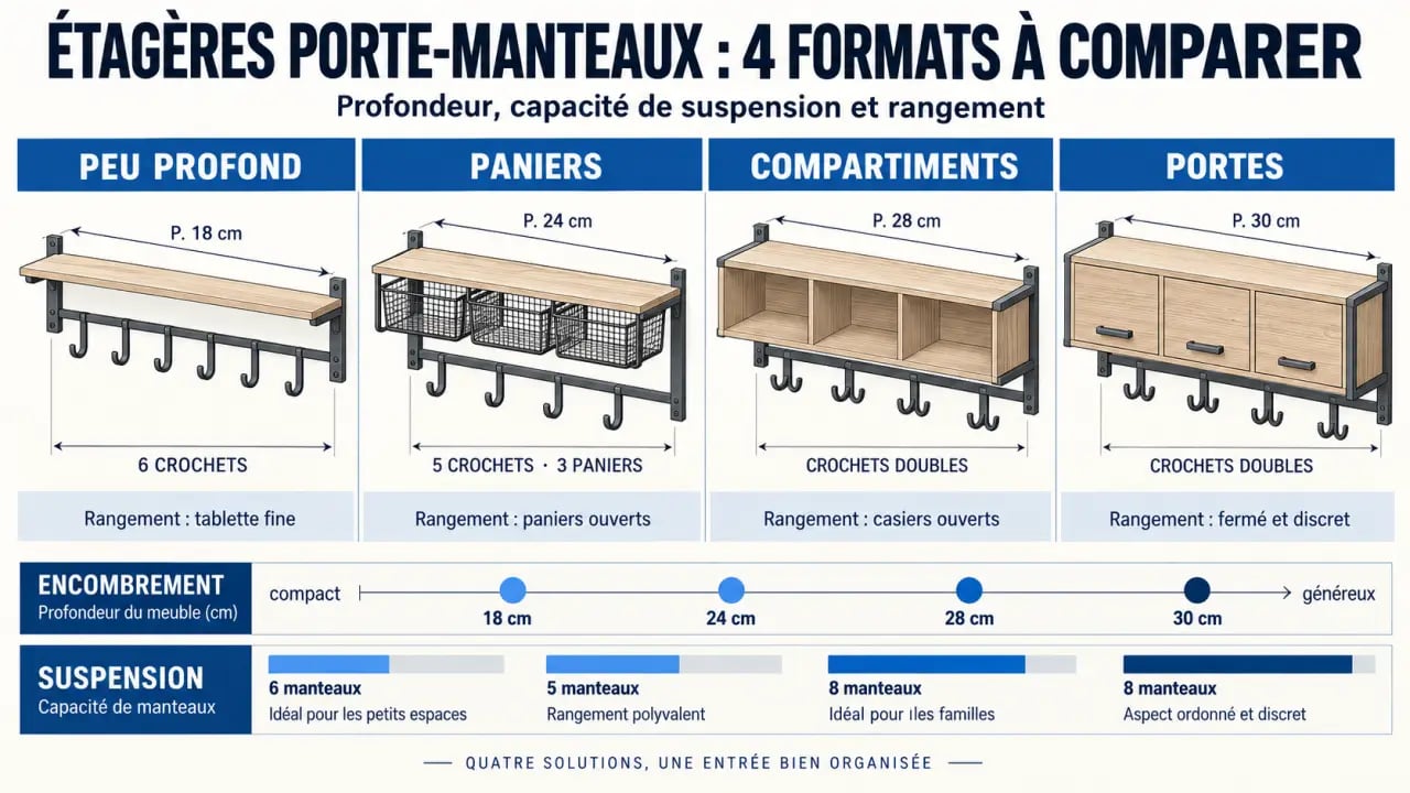 Comparaison des formats d’une étagère murale porte manteau avec crochets, paniers, compartiments et portes