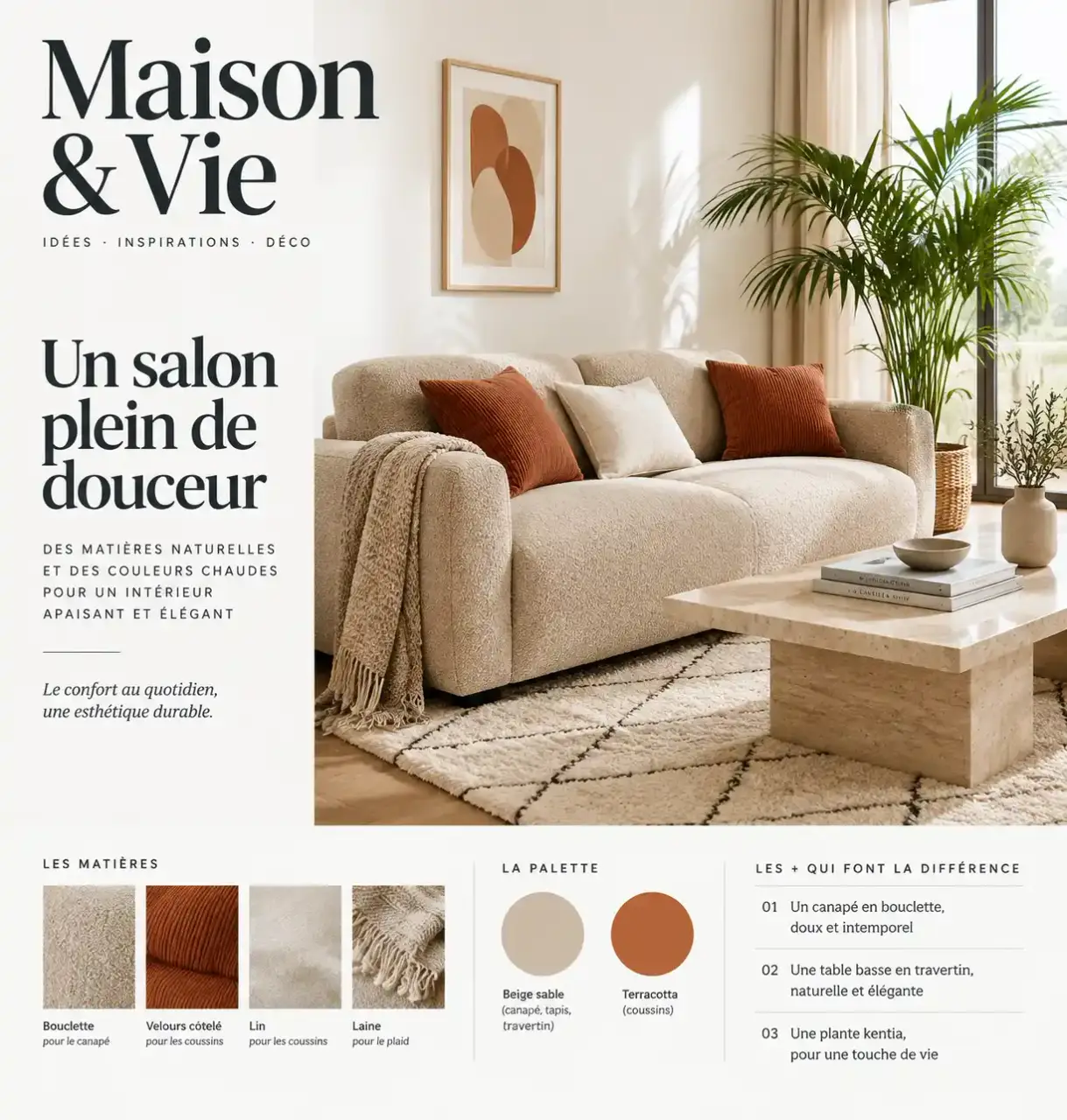 Canapé beige déco : salon avec coussins terracotta, plaid en laine, tapis berbère et table basse en travertin