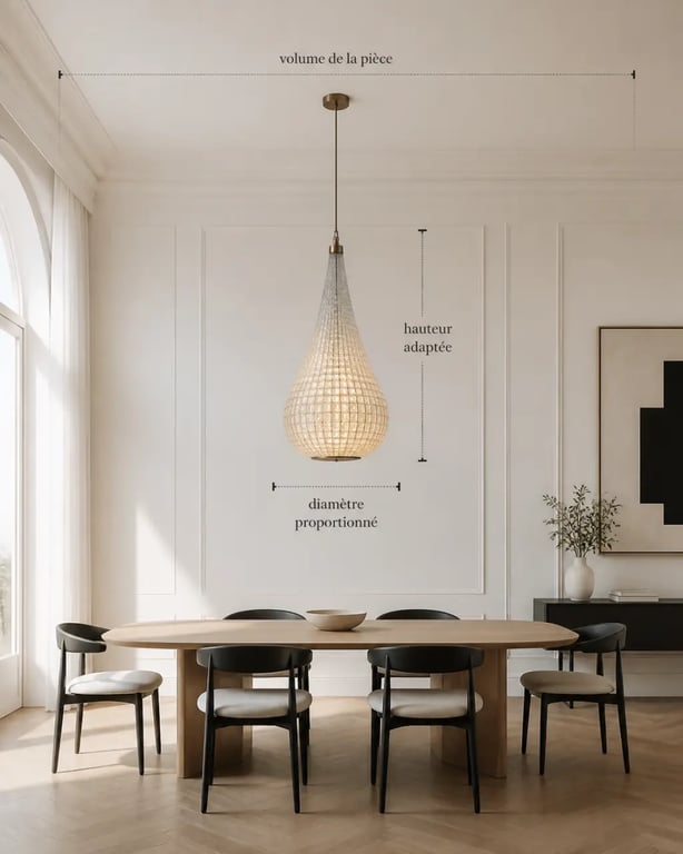 Lustre goutte d eau au-dessus d’une table pour illustrer les dimensions et l’intégration dans la pièce