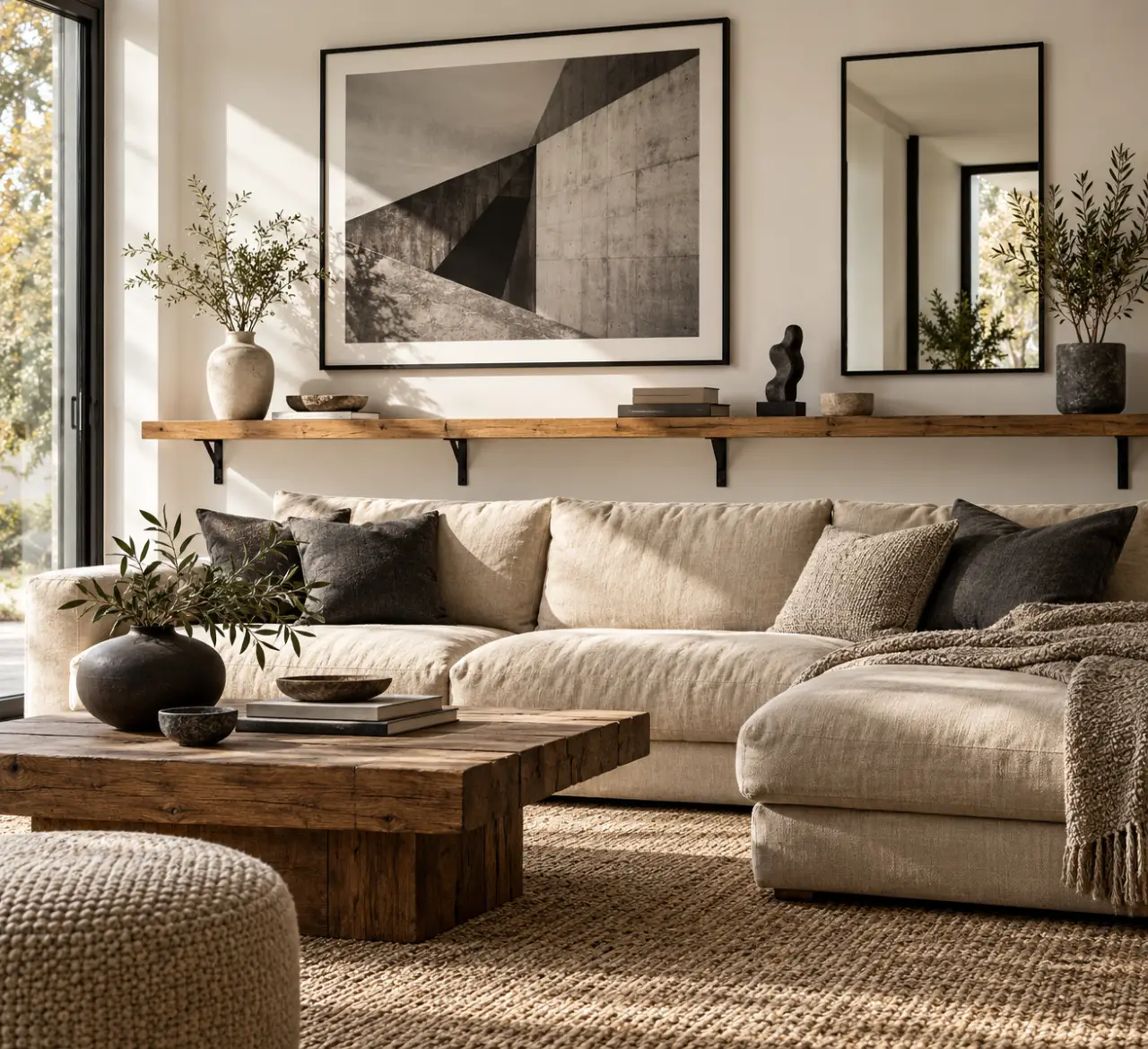 Décoration murale industrielle dans un salon avec tableau, miroir noir et étagère en bois et métal