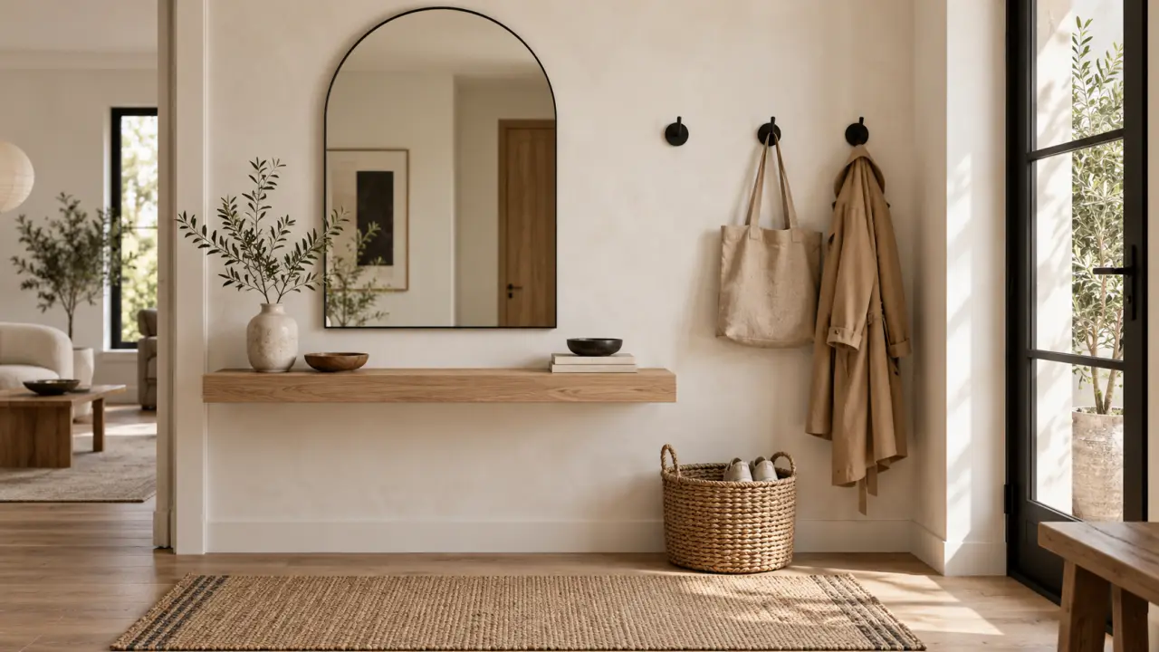 Entrée élégante avec miroir mural, patères et décoration chaleureuse