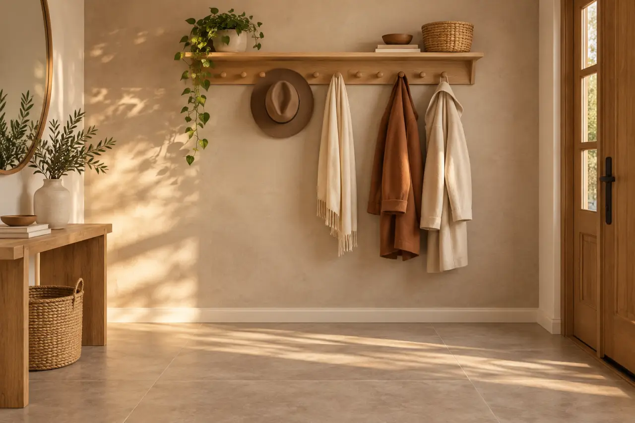 Une étagère porte-manteau organise l’entrée sans encombrer le sol