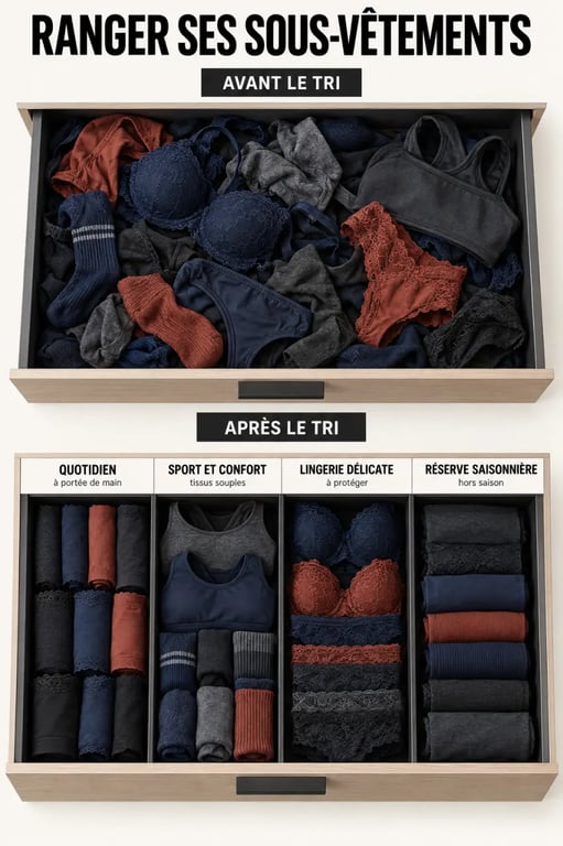 Ranger ses sous-vêtements avec quatre zones de classement dans un tiroir organisé