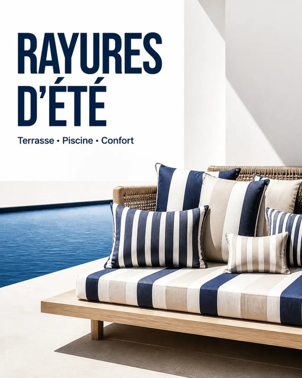 Coussin rayures sur terrasse extérieure avec ambiance estivale