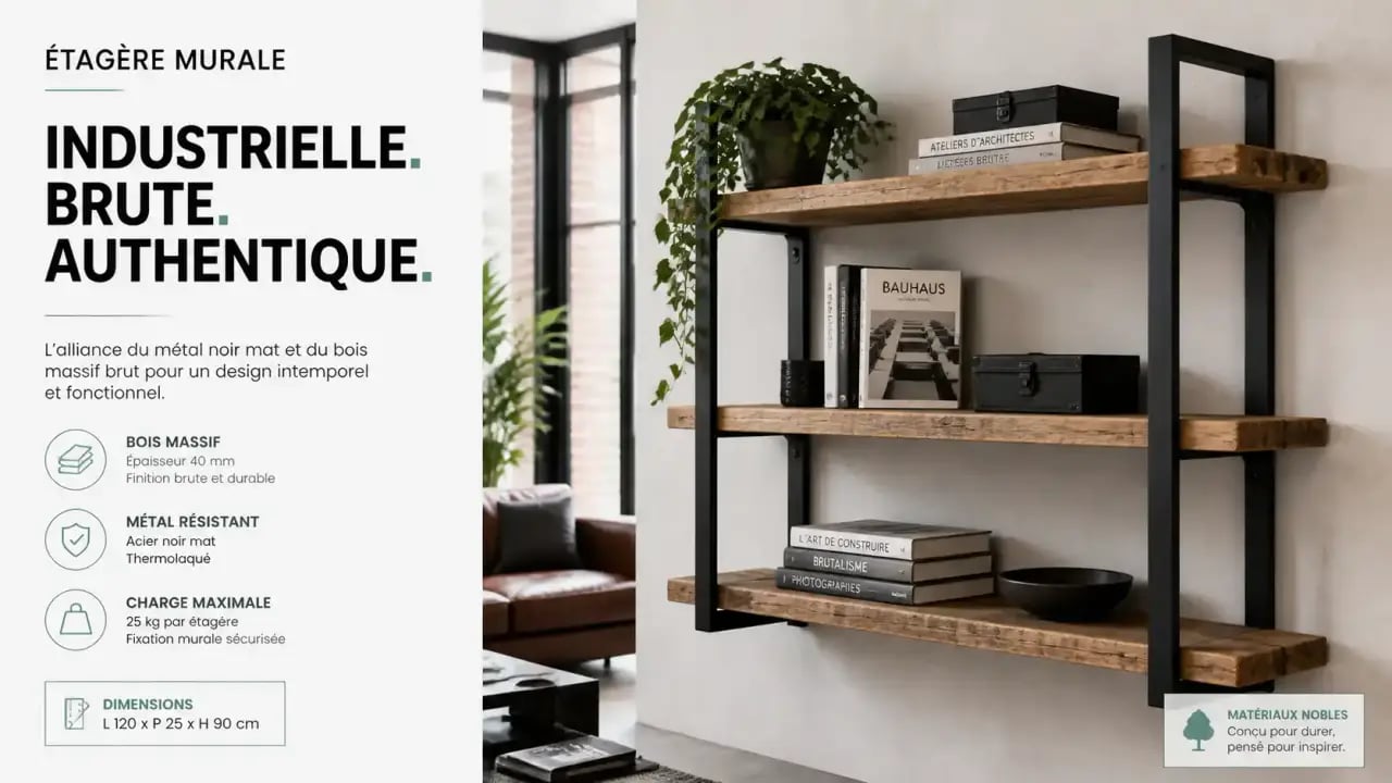 Étagère murale style industriel en bois et métal dans un salon moderne