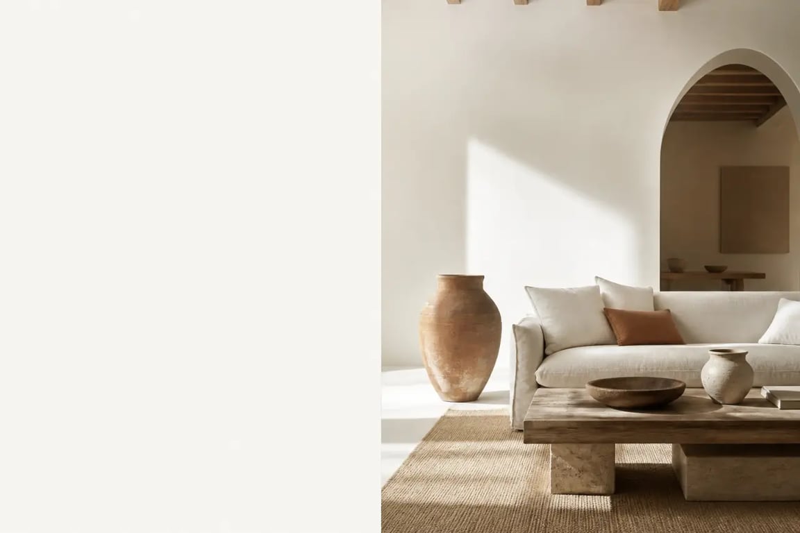 Décoration style méditerranéen dans un salon lumineux avec matières naturelles et teintes chaudes