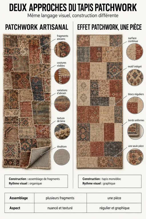 Comparaison entre un tapis patchwork artisanal et un tapis à effet patchwork