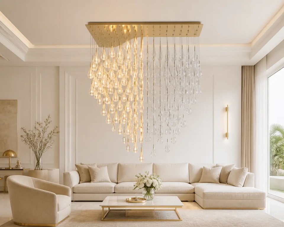Lustre goutte d eau élégant dans un salon contemporain avec finitions dorées et éléments en verre