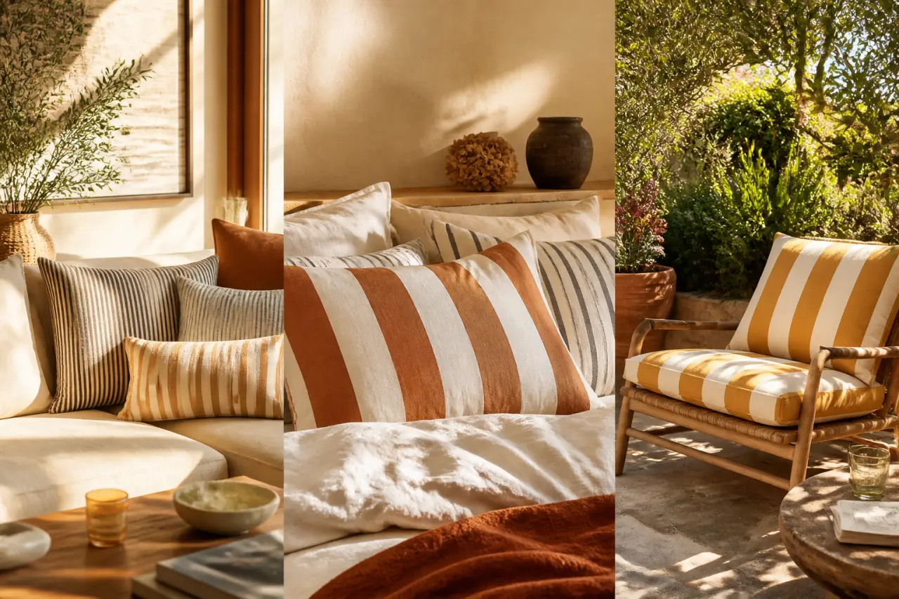 Coussin rayures : choisir entre fines, larges ou colorées selon le canapé, le lit ou le jardin