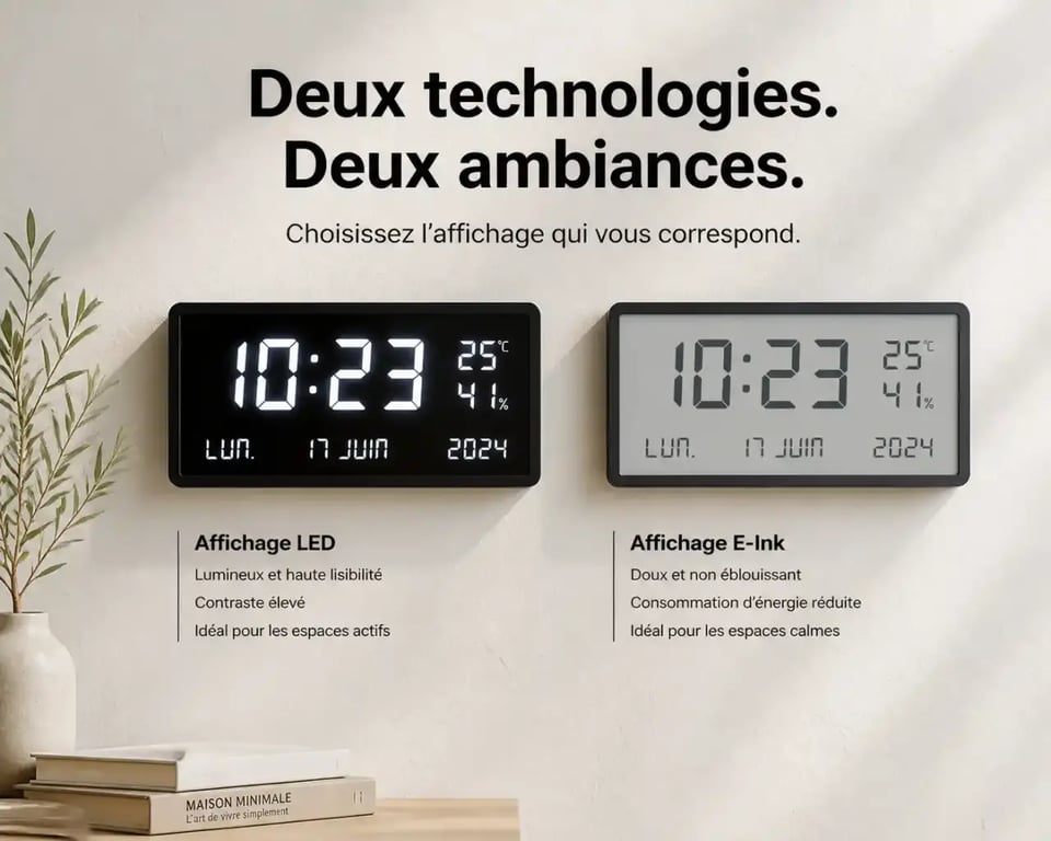 Comparaison entre une horloge digitale murale LED et une horloge E-Ink pour le choix de décoration intérieure