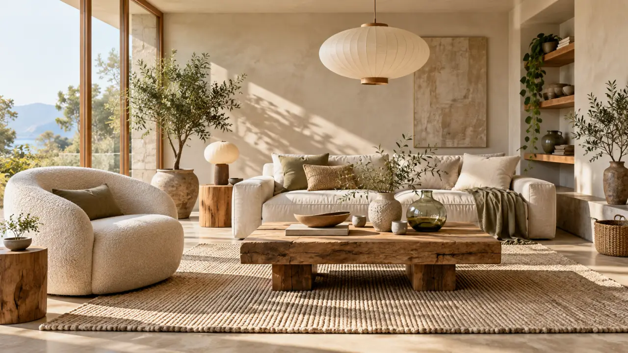 Salon contemporain aux matières naturelles, avec canapé beige, bois clair et céramique texturée