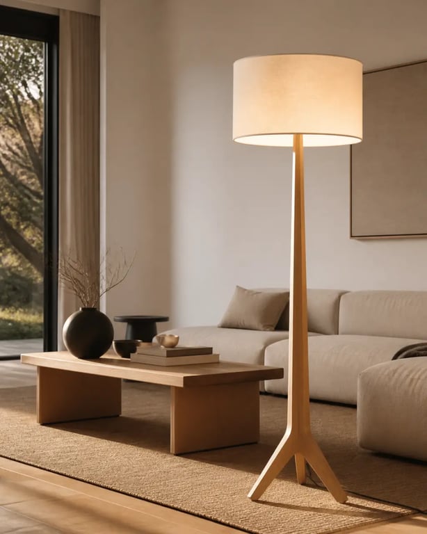 Lampadaire japandi dans un salon Japandi minimaliste aux matières naturelles et lumière douce