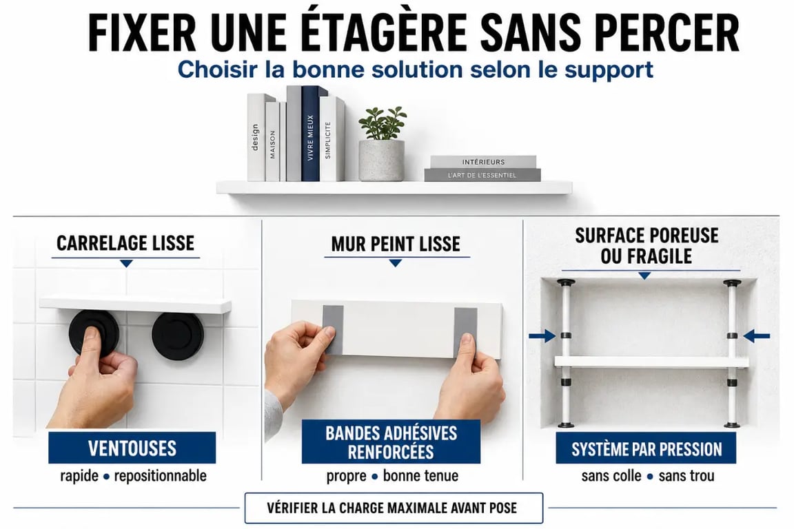 Fixer étagère sans percer : schéma des surfaces et solutions adaptées