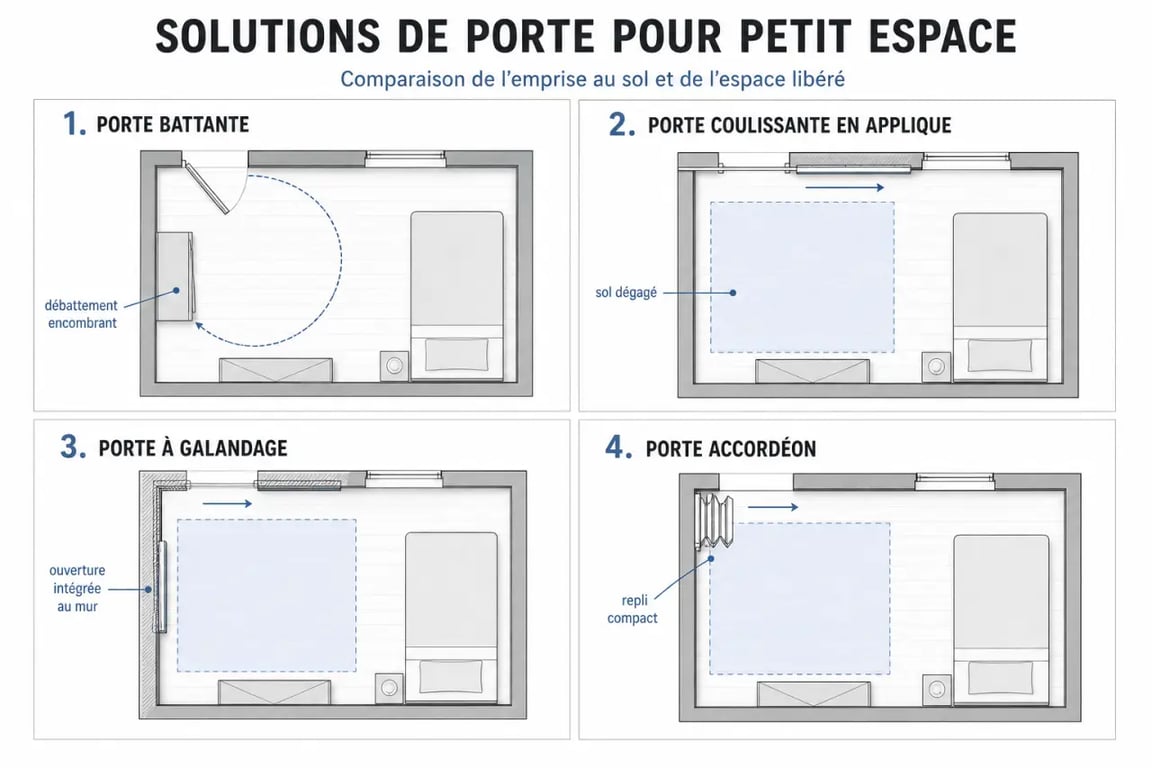 Solution porte petit espace : comparaison visuelle entre porte battante, coulissante, galandage et accordéon dans une petite pièce