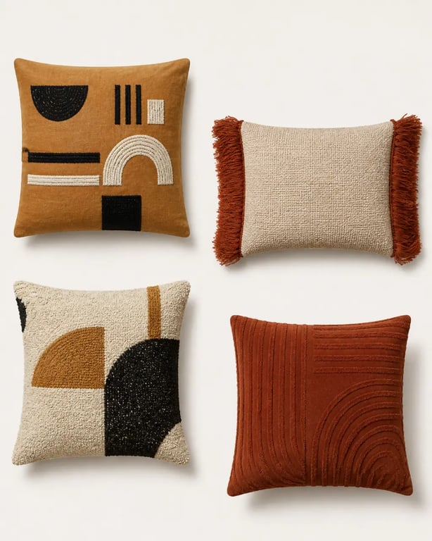 Comparatif de coussin boheme par motifs, matières et finitions dans une composition éditoriale