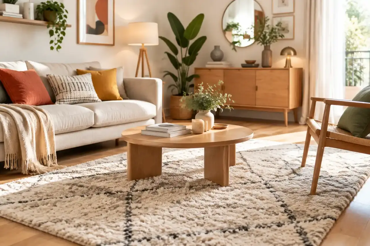 Salon chaleureux avec canapé beige, tapis texturé et décoration minimaliste
