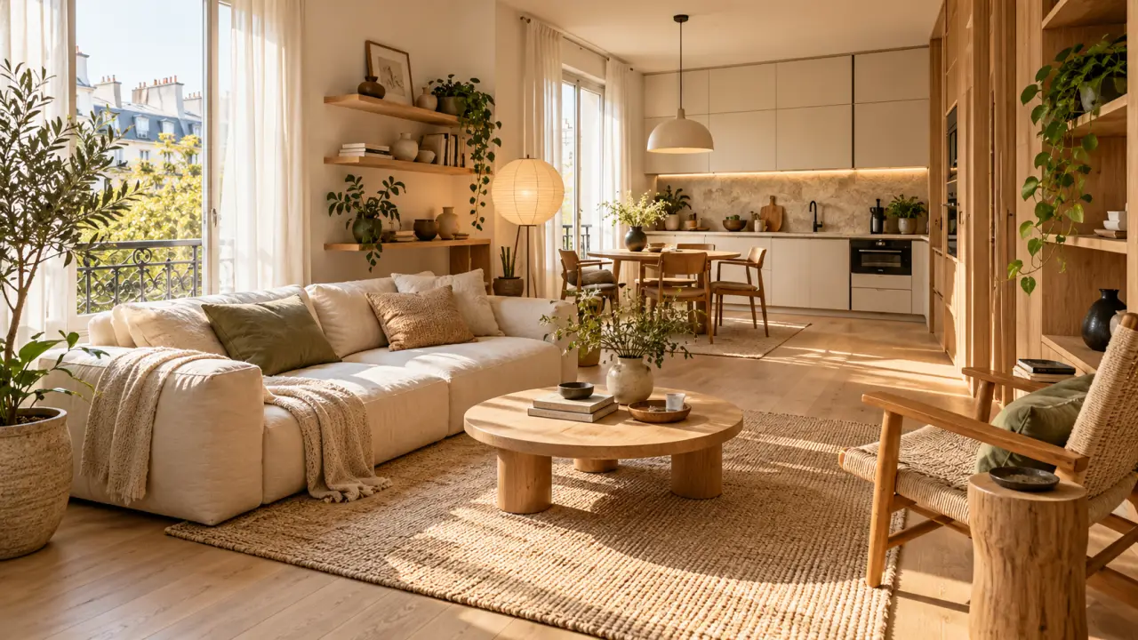 Petit intérieur de 32 m² aménagé dans un style japandi, avec bois clair, canapé beige et objets en céramique