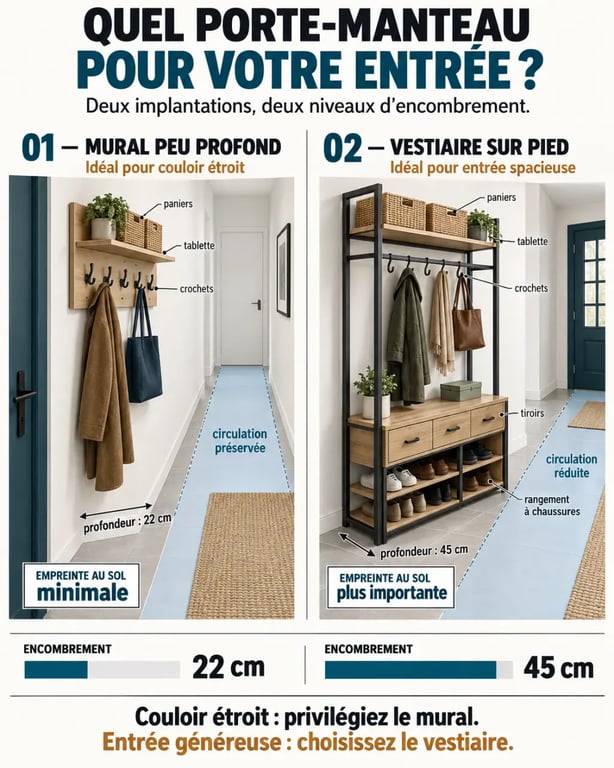 Infographie comparative d'une étagère porte manteau murale et d'un vestiaire sur pied