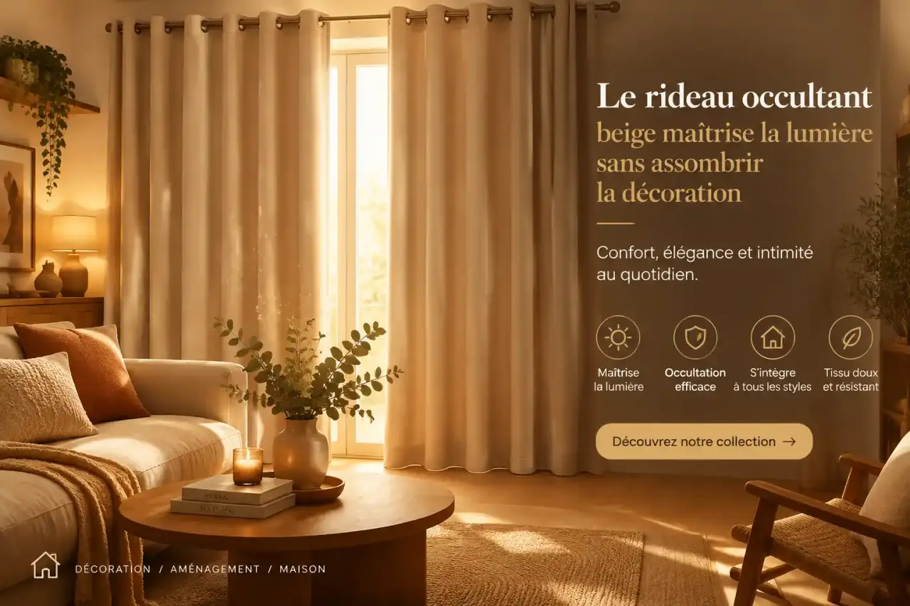 Le rideau occultant beige maîtrise la lumière sans assombrir la décoration