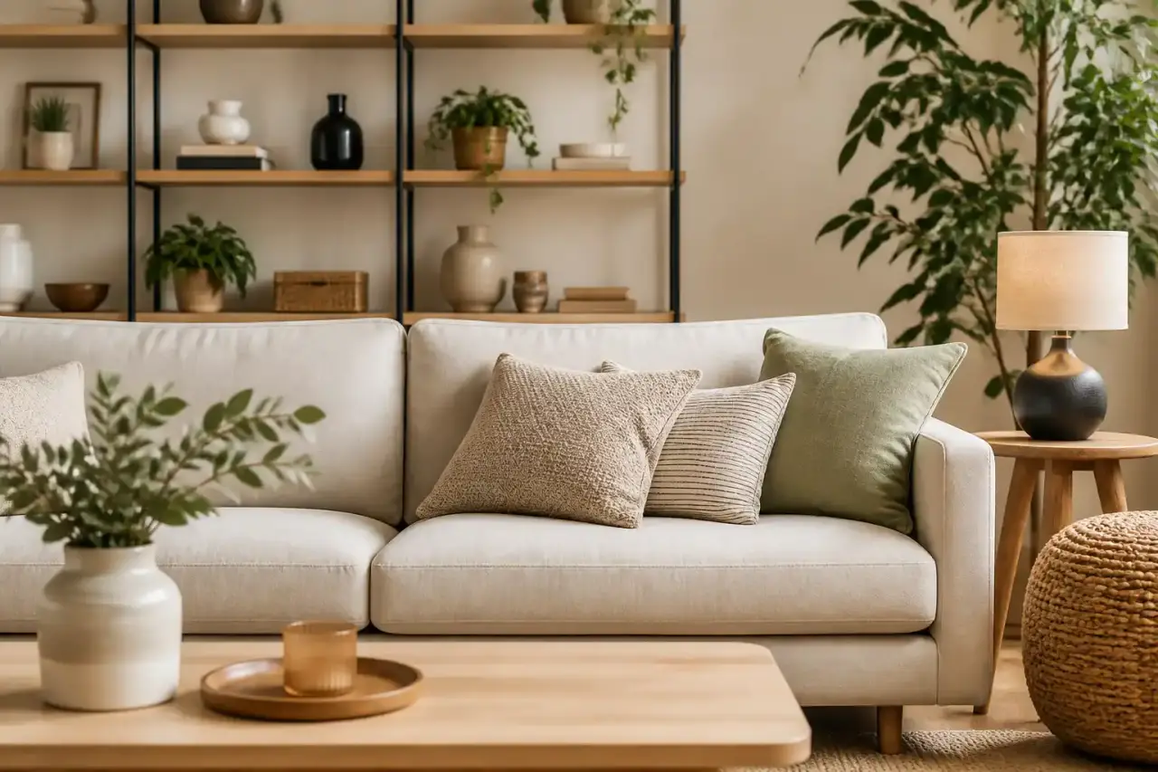 Intérieur moderne et lumineux avec un miroir élégamment positionné
