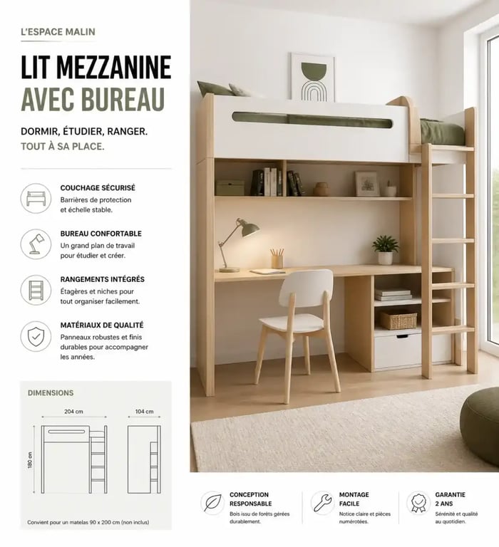 Bureau ergonomique aménagé sous un lit mezzanine pour optimiser le rangement pour mezzanine