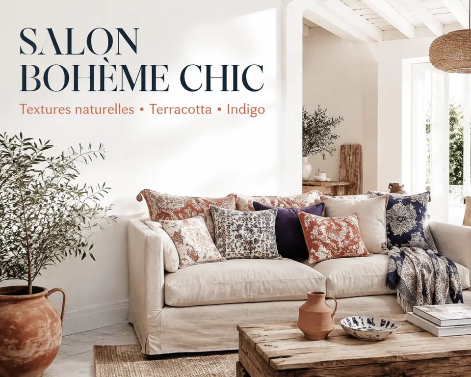 Coussin indie sur canapé beige dans un salon bohème chic