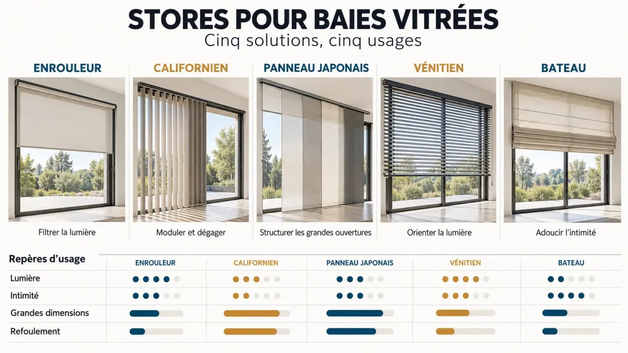 Comparatif des solutions de store pour baies vitrées selon la lumière, l’intimité et les grandes dimensions