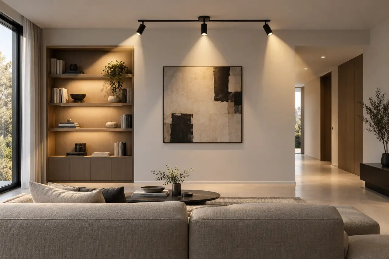 Luminaire 3 spots orienté vers plusieurs zones d’un séjour