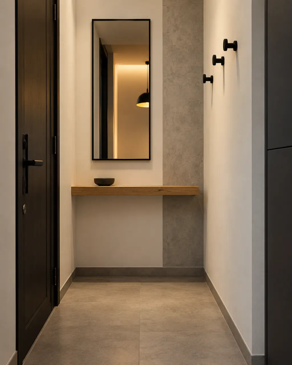 Décoration murale industrielle dans une petite entrée avec miroir, patères et tablette en bois