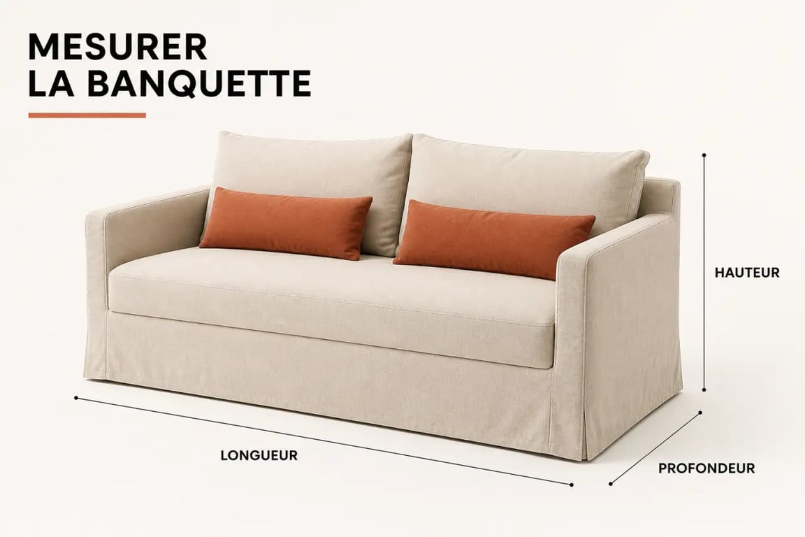Housse banquette sur une banquette de salon avec repères de mesure visuels