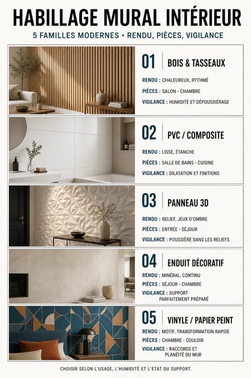 Habillage mur intérieur moderne : comparaison des matériaux, pièces adaptées et points de vigilance