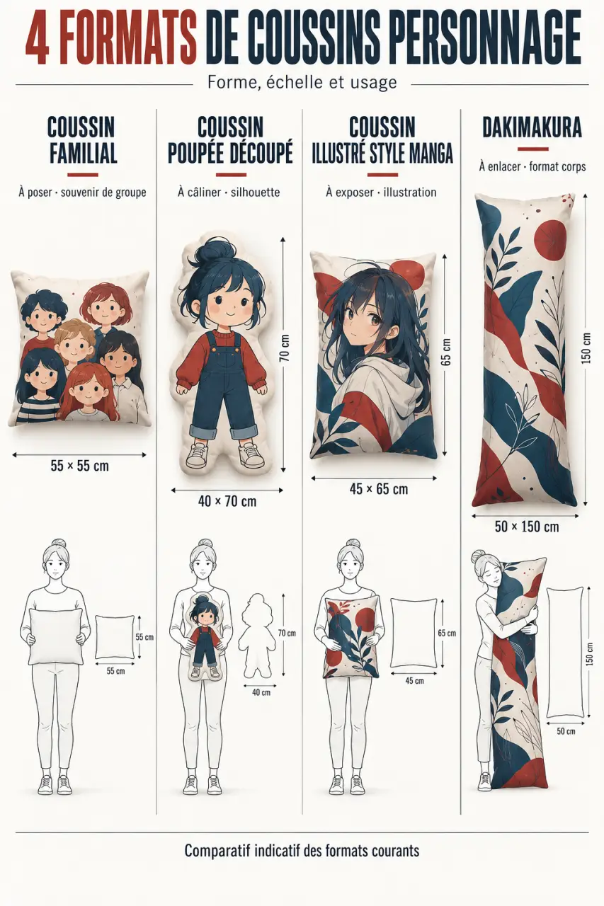 Infographie des principaux types de coussin personnage : famille, poupée personnalisée, manga et dakimakura