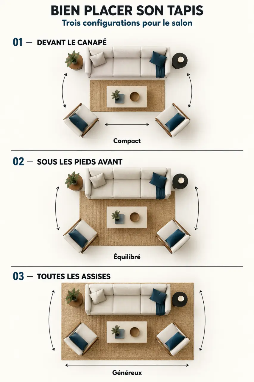 Infographie pour comprendre quelle taille de tapis pour un salon selon le positionnement des meubles