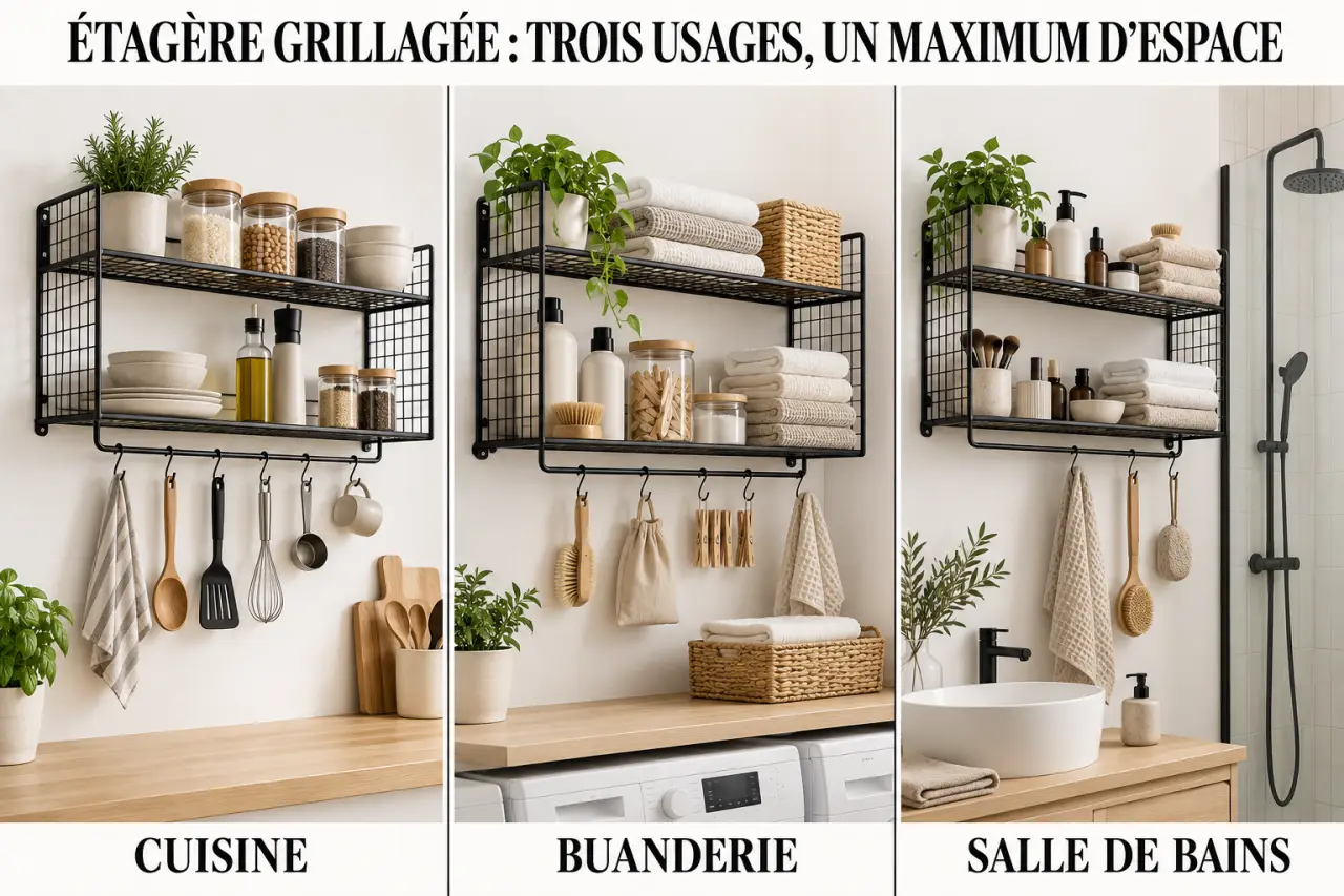 Étagère mural grillage en situation dans la cuisine, la buanderie et la salle de bains