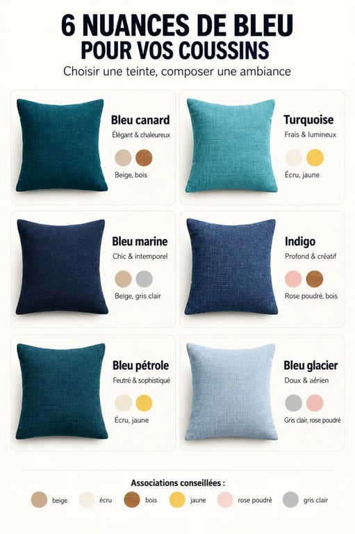 Coussin bleus : graphique des nuances, ambiances et associations de couleurs